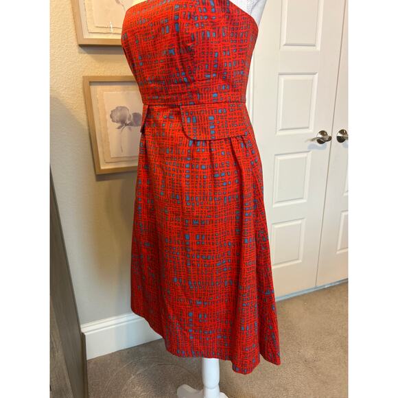Tabitha by Anthropologie | Crosshatch Strapless Red/Blue Fit & Flare Dress | 6 - Picture 8 of 13